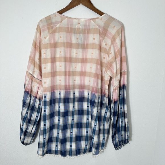 Jag Elliot Shirt with Pom Pom Detail Light Pink Soft Blue Plaid Flowy Size Large - Picture 7 of 9